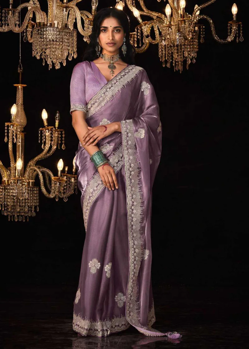 Lavender Sequined Zari Embroidered Saree